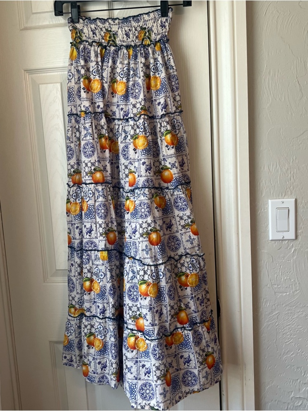 Sicilian ceramic inspired printed tiered maxi skirt